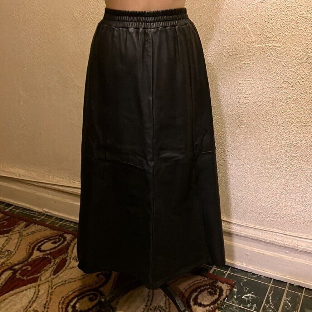 Vintage 1980's Saks Fifth Avenue Black A-Line Midi Leather Skirt Size M - Picture 7 of 14